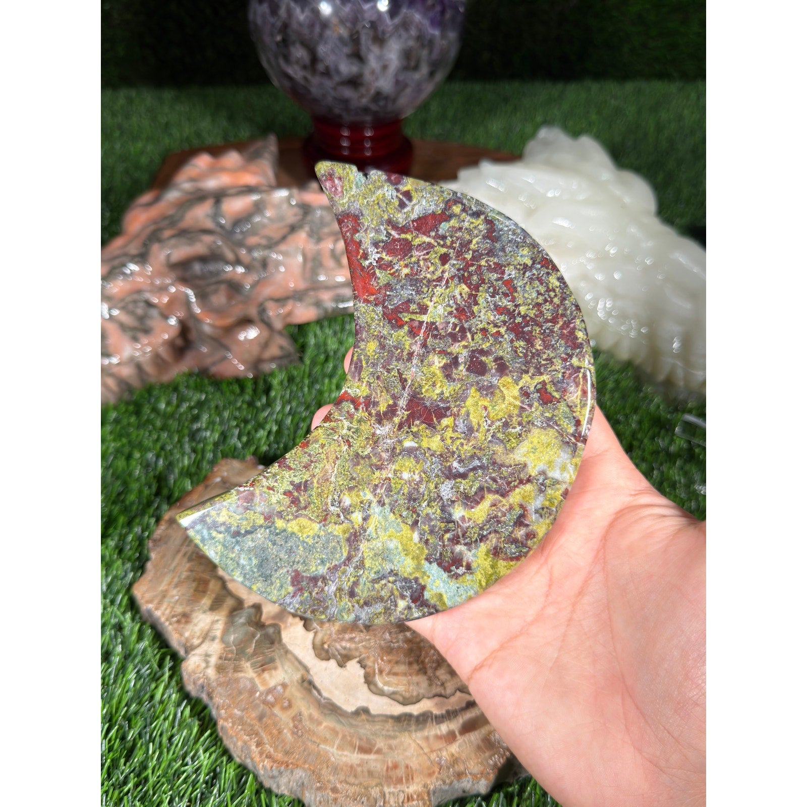 Dragon Blood Jasper Crescent Moon Crystal Carving  5.75in 1lb2.2oz