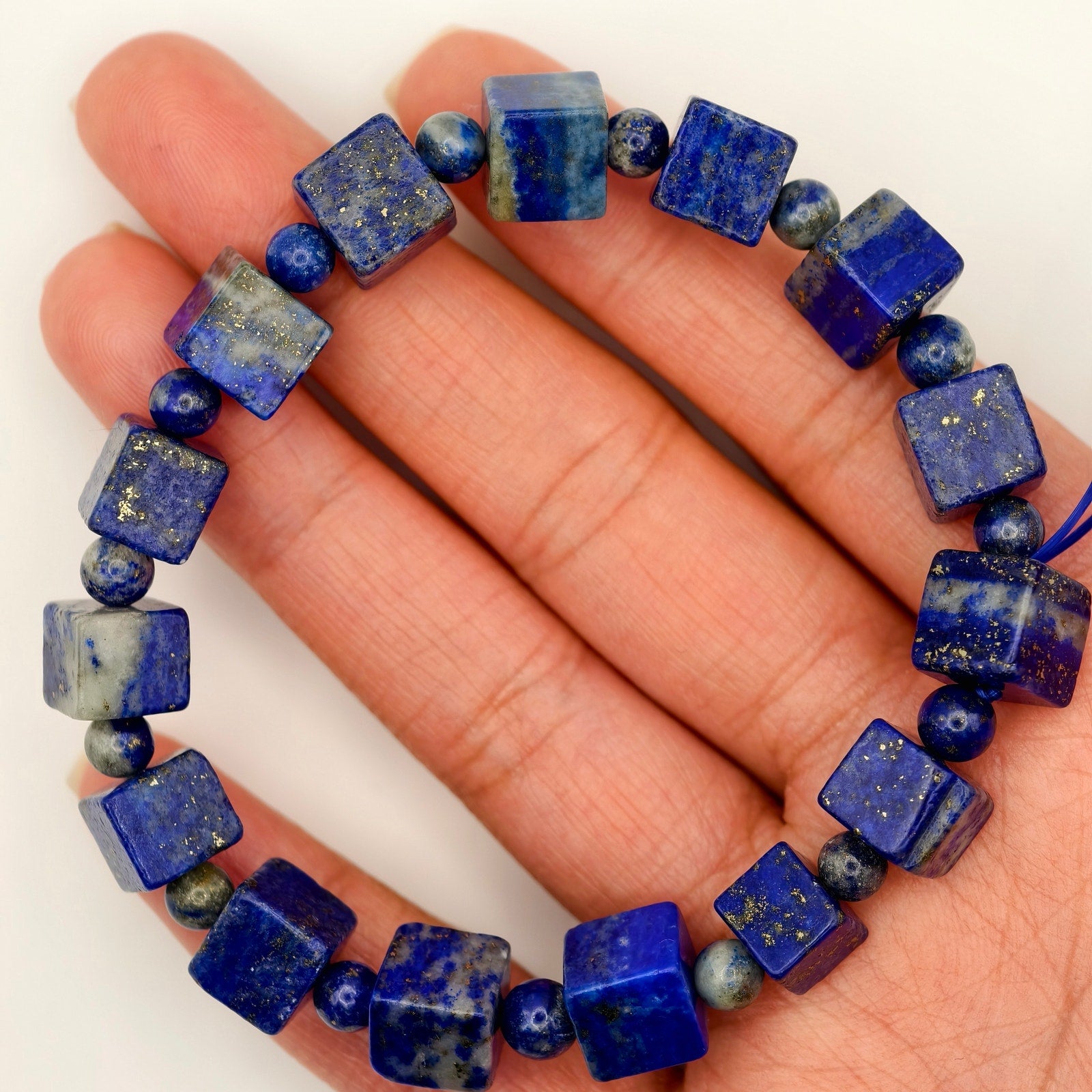 Lapis Lazuli Cube & Round Bead Bracelet