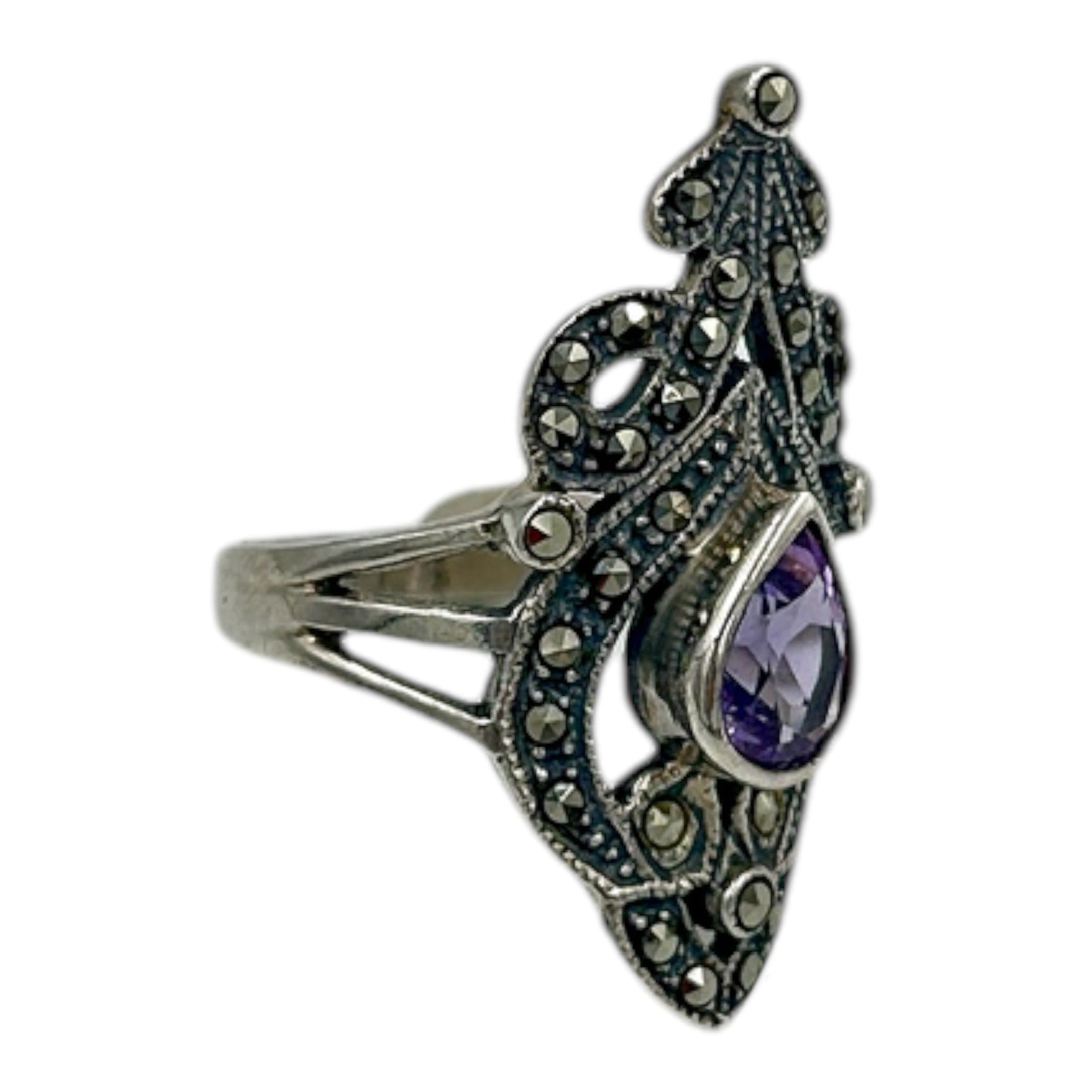 Sterling Silver Vintage Amethyst & Marcasite Ring