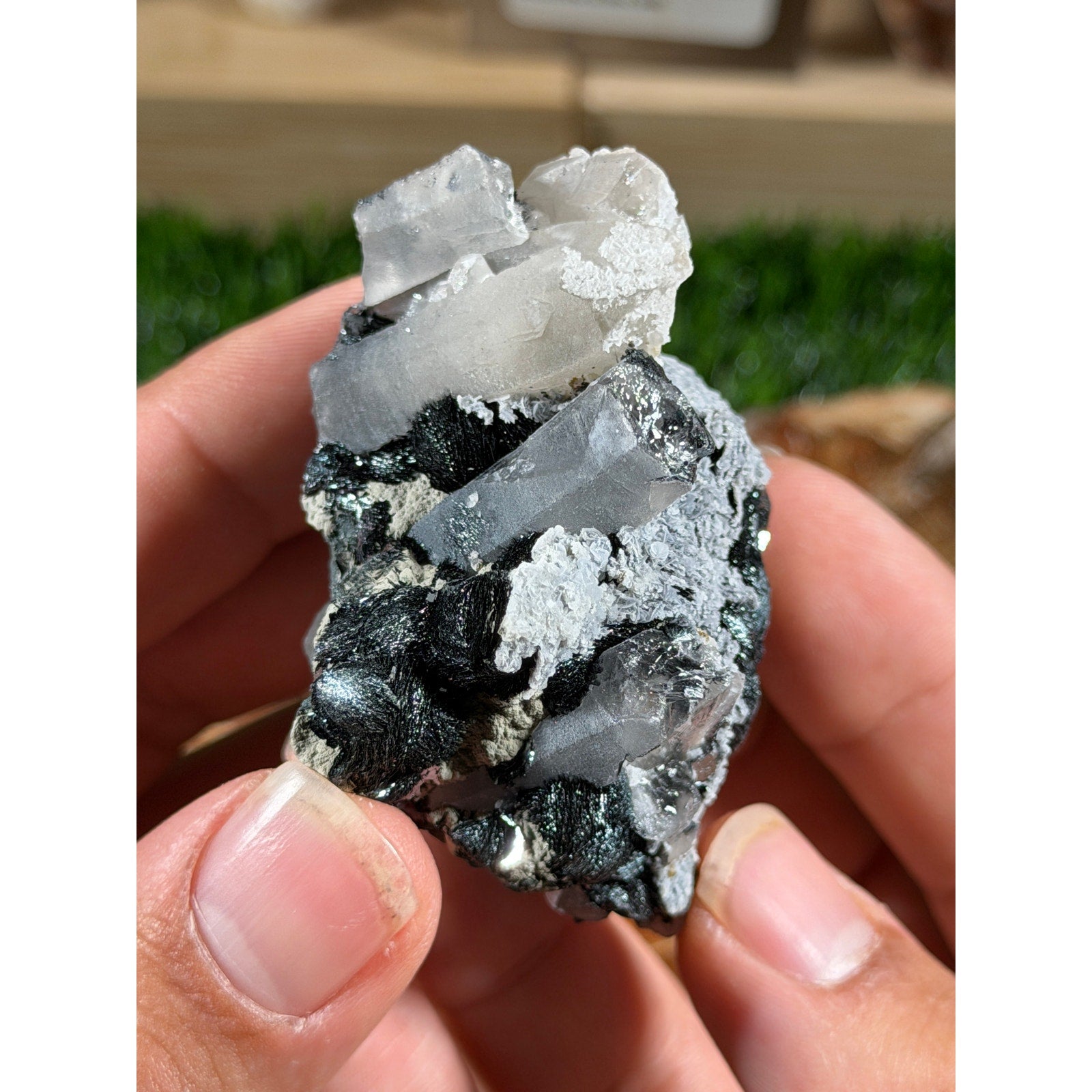 Quartz with Specularite Cluster | 3.4 oz | Sparkly Black & Clear Specimen
