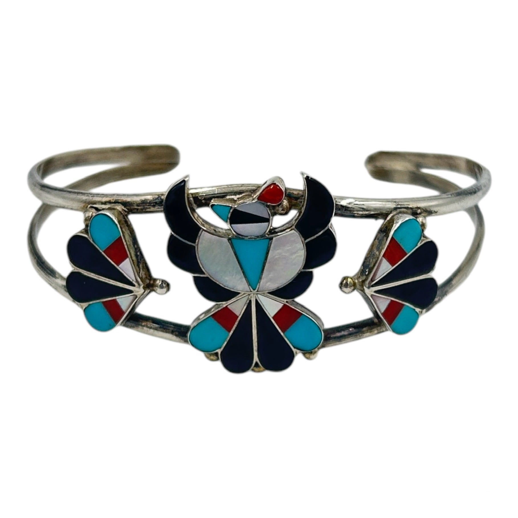 Sterling Silver Native American (Zuni) Multi Gemstone Inlay Thunderbird Cuff Bracelet