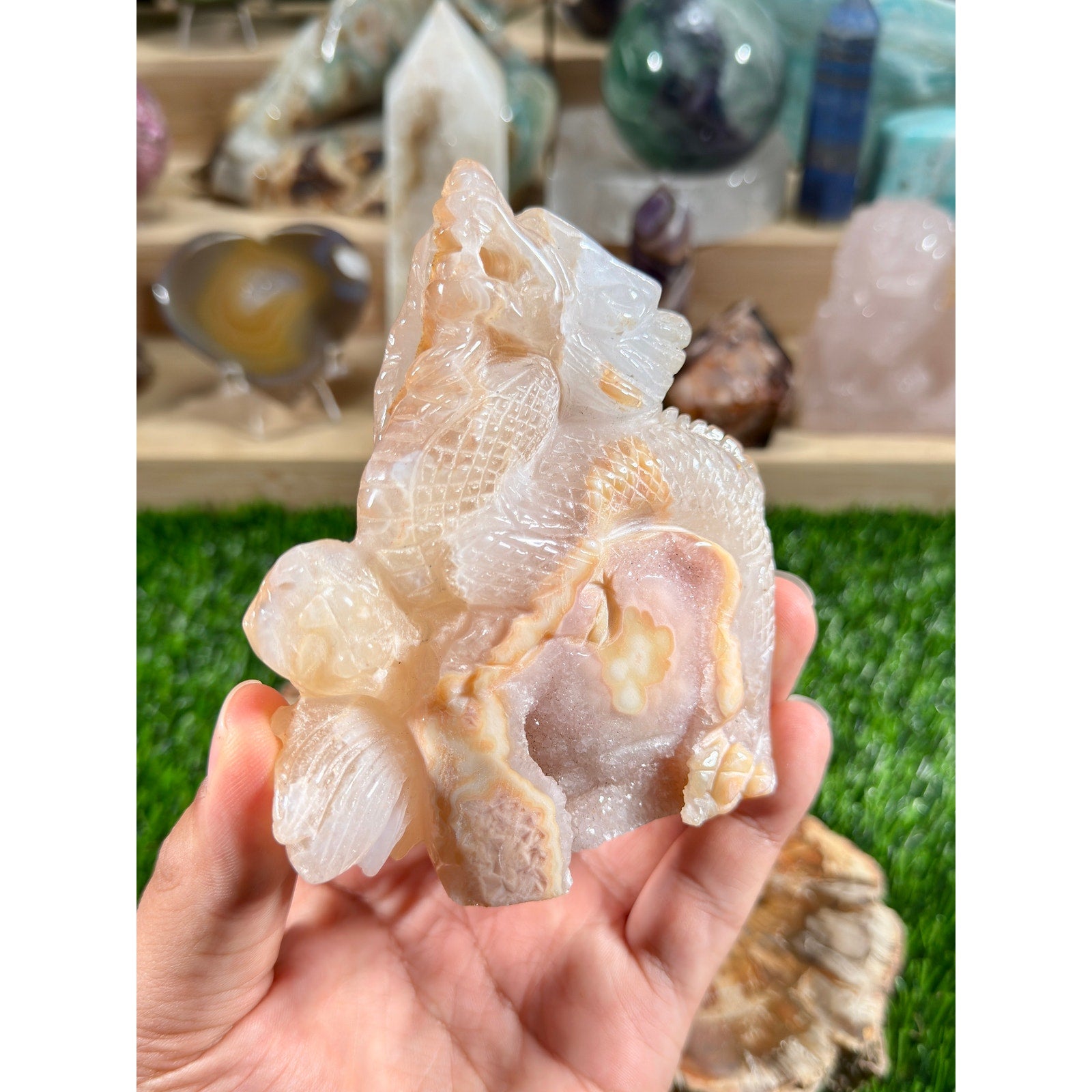 Pink Flower Agate Dragon Carving | 13.3 oz / 377 g | Detailed Crystal Dragon