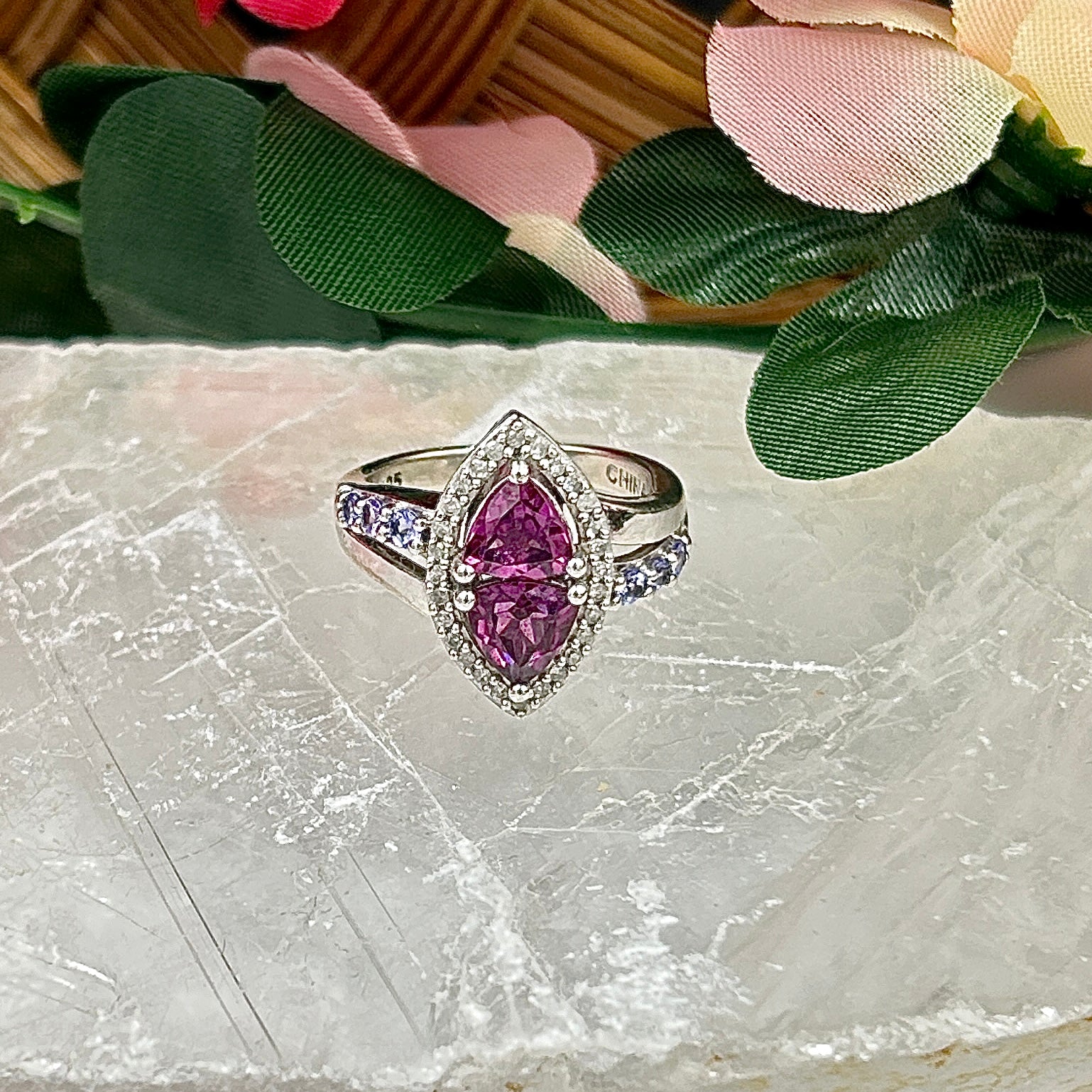 Sterling Silver 1.75ctw Rhodolite Garnet, Diamond, & Tanzanite Ring