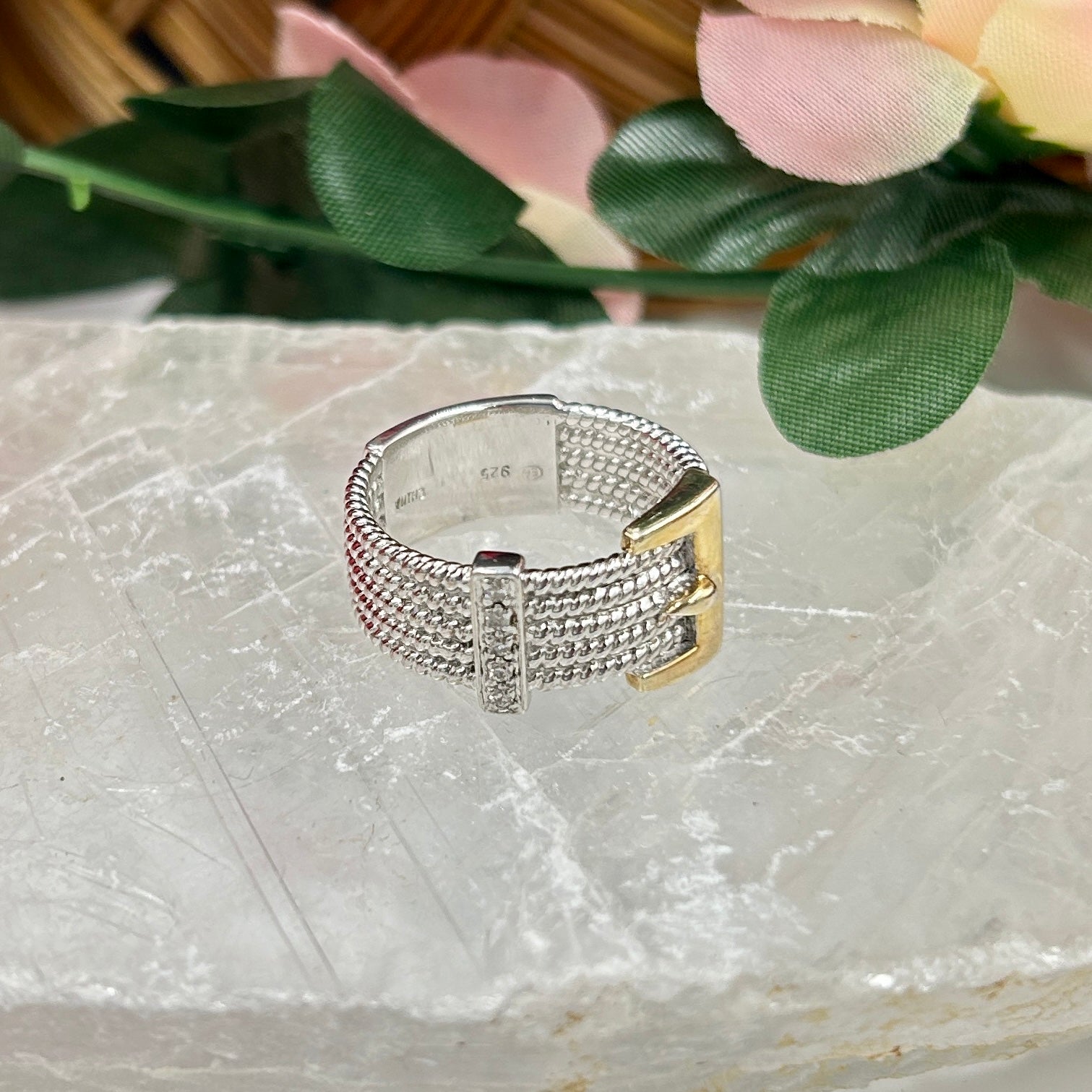 Sterling Silver Designer EA Diamond Buckle Ring