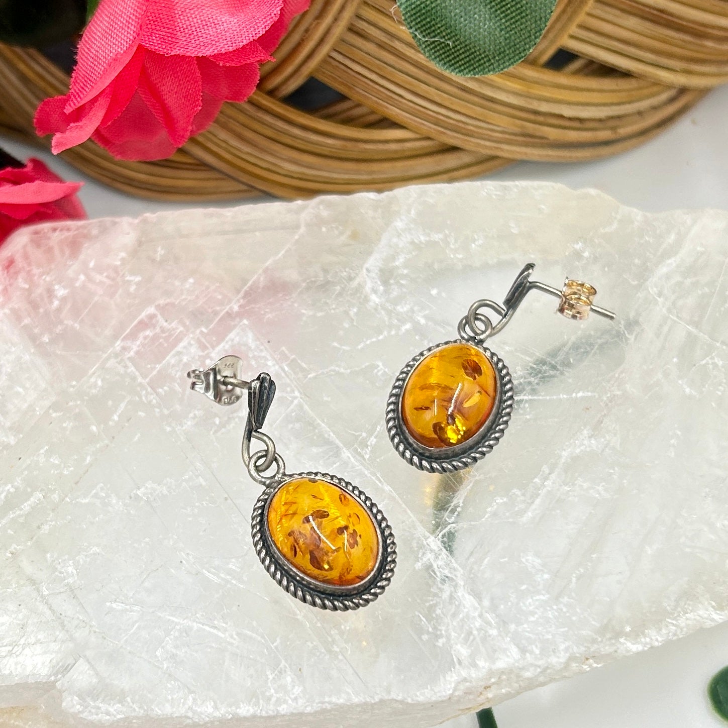 Vintage Sterling Silver Amber Drop Earrings (1 inch, 4.1g)