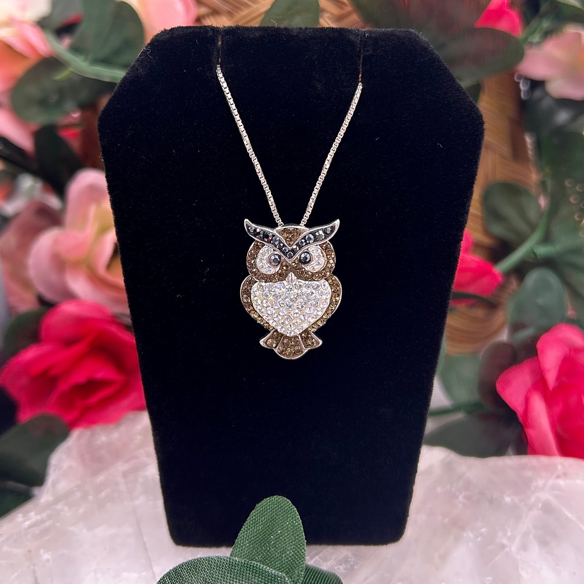 Sterling Silver Multi-Color Cubic Zirconia Owl Necklace (18 inches, 7g)
