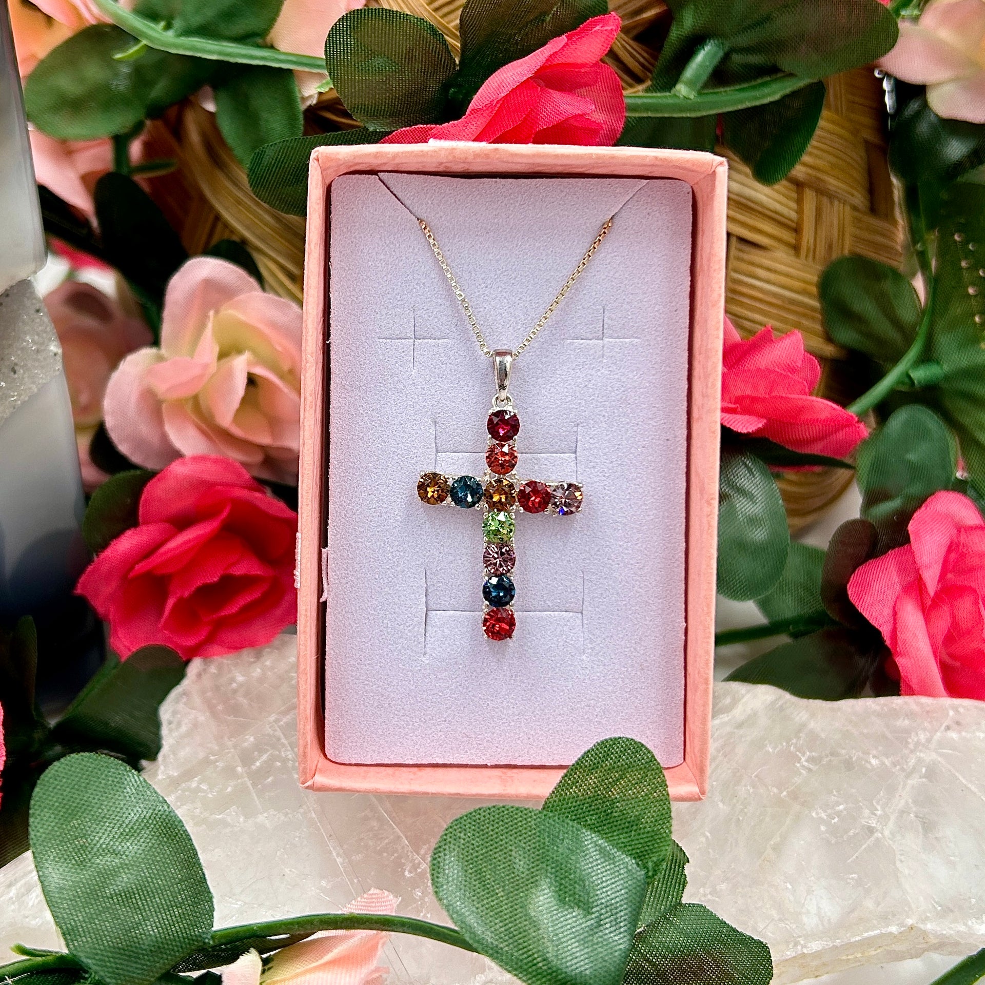 Sterling Silver DESIGNER Multi-Color Cubic Zirconia Cross Necklace (19 inches, 3.9g)