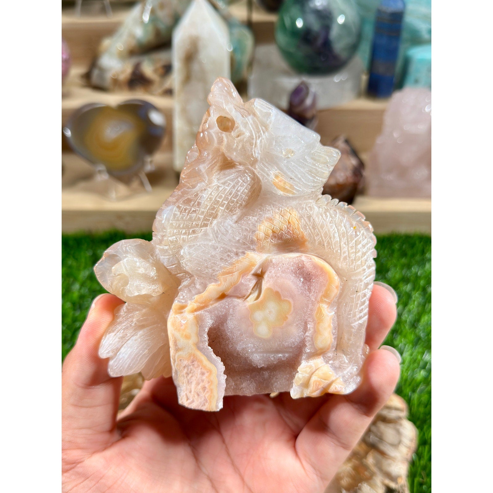 Pink Flower Agate Dragon Carving | 13.3 oz / 377 g | Detailed Crystal Dragon