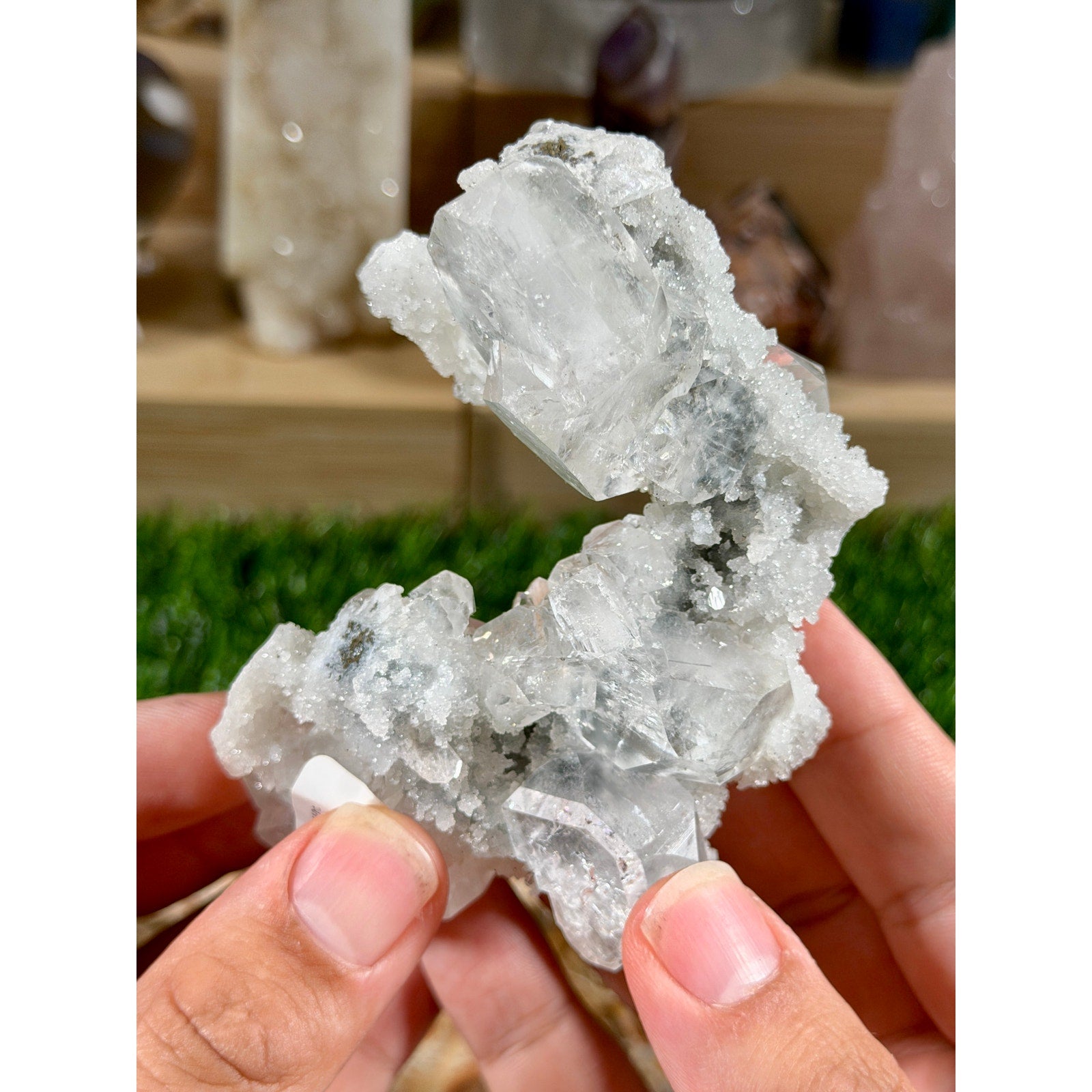 "Ice Frost" Apophyllite on White Chalcedony Stalactites  6.4 oz (181g)