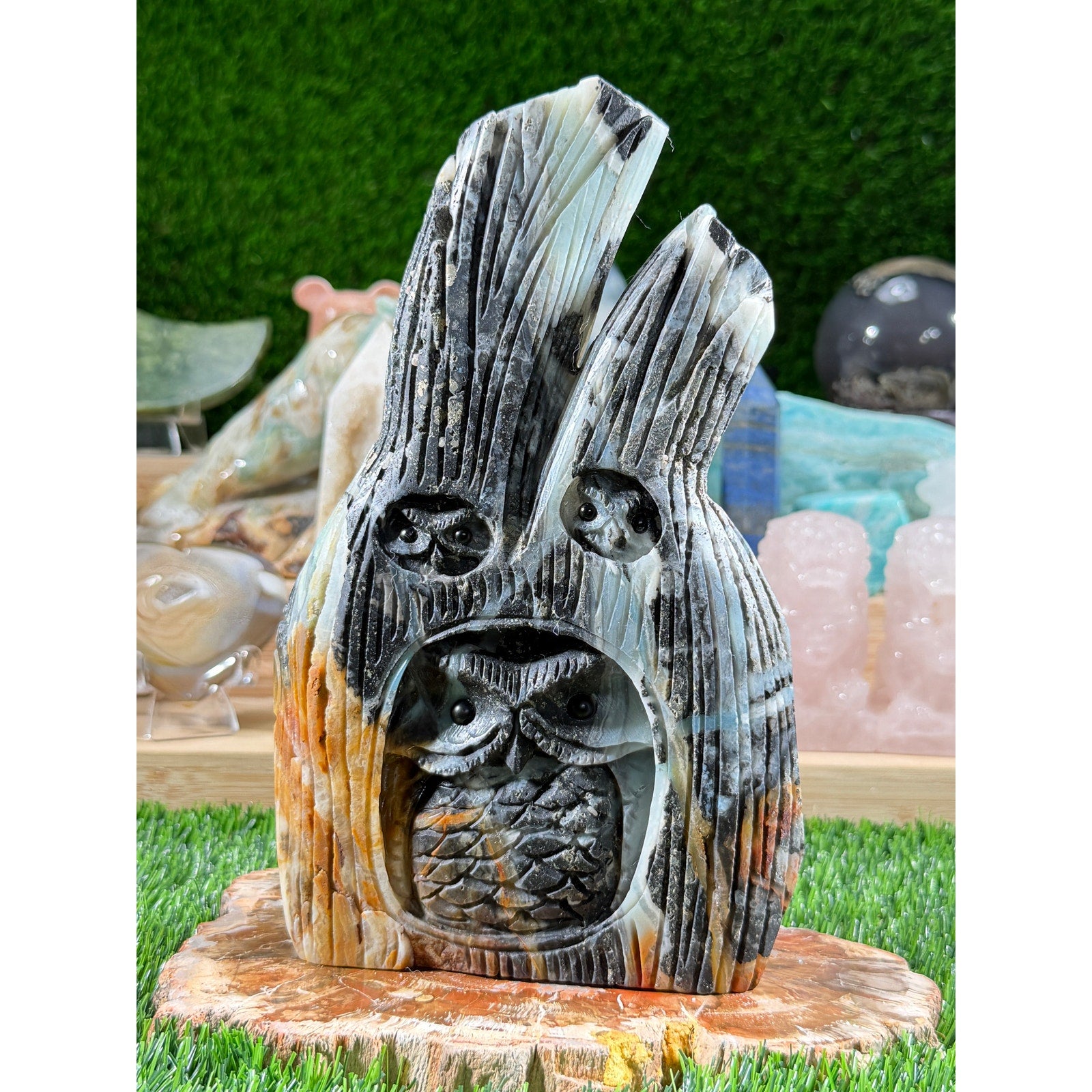 Caribbean Calcite Owl Family | 2 lb 14.5oz | Statement Crystal Carving