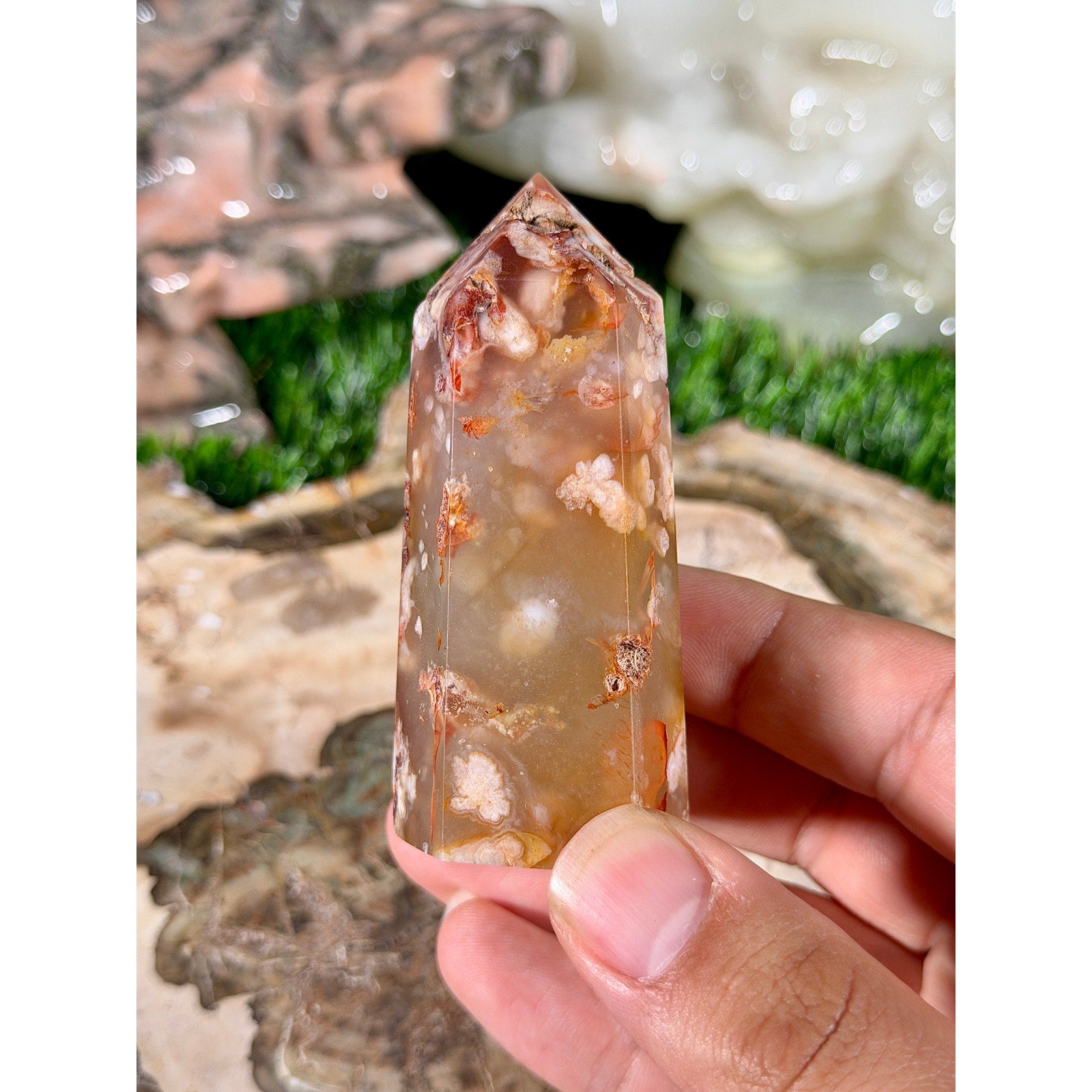 UV Reactive Flower Agate Crystal Tower 3in 4.5oz
