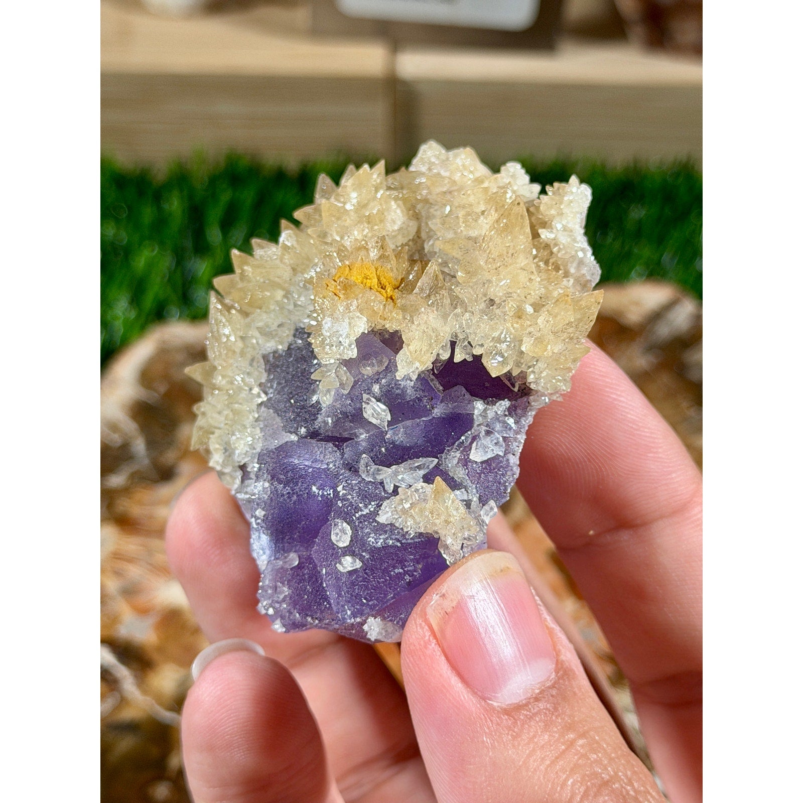 Dogtooth Calcite on Purple Fluorite | 2.8 oz | UV-Reactive Crystal Cluster