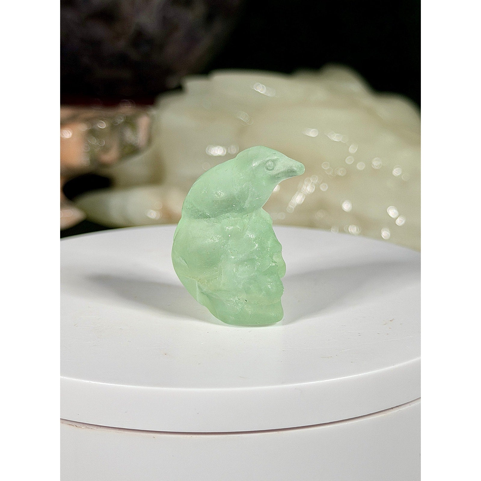 UV Reactive Green Fluorite Bird on Skull Crystal Carving