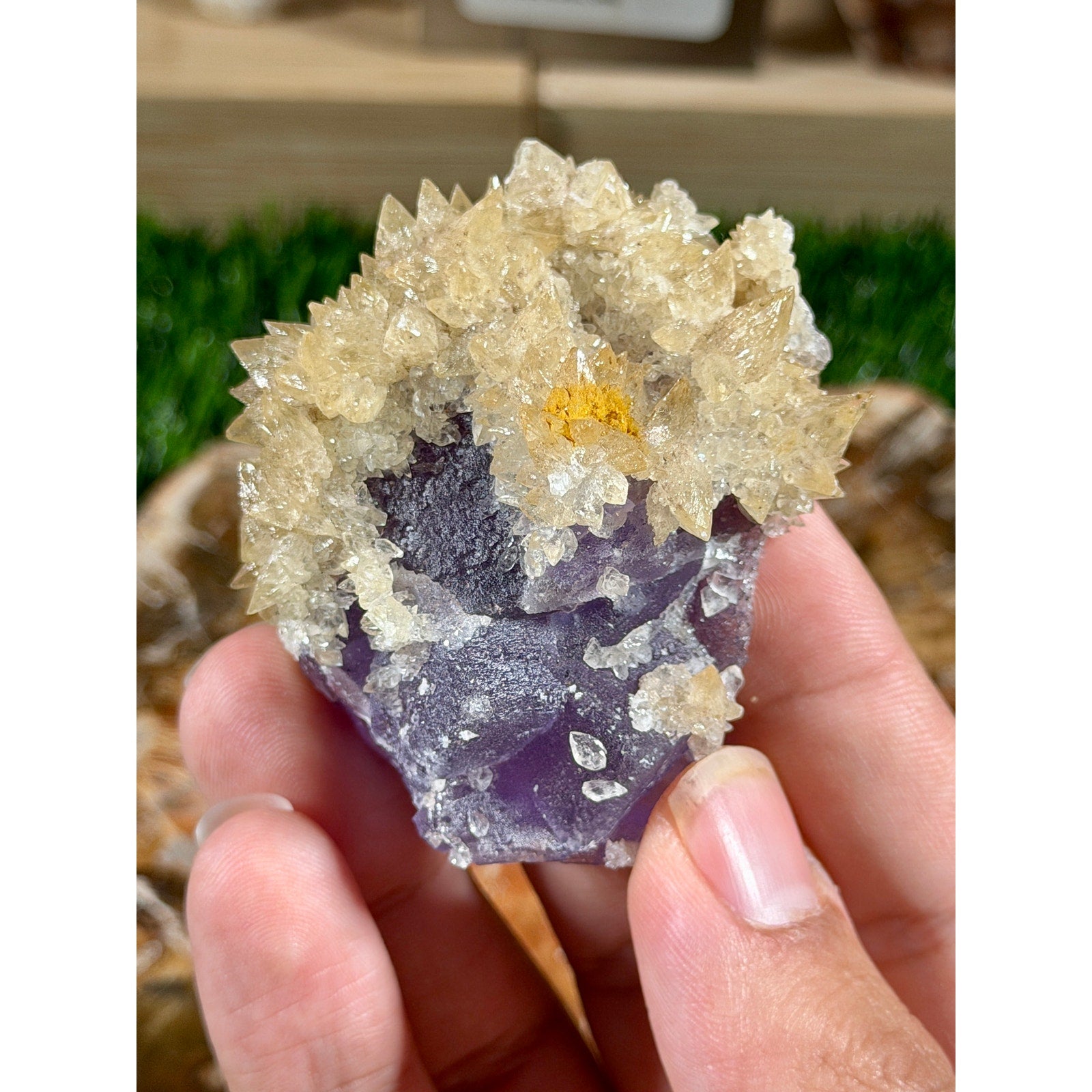 Dogtooth Calcite on Purple Fluorite | 2.8 oz | UV-Reactive Crystal Cluster