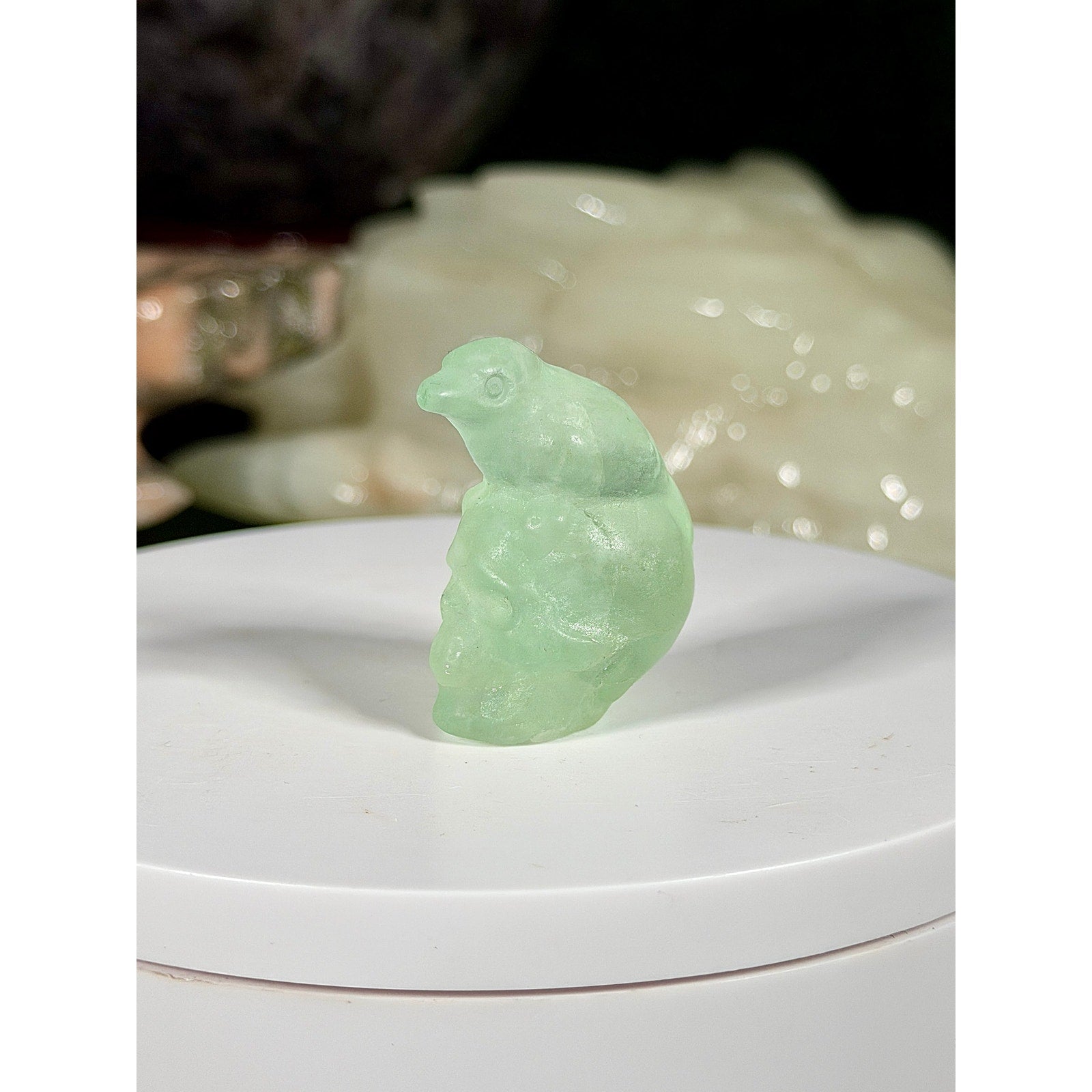 UV Reactive Green Fluorite Bird on Skull Crystal Carving