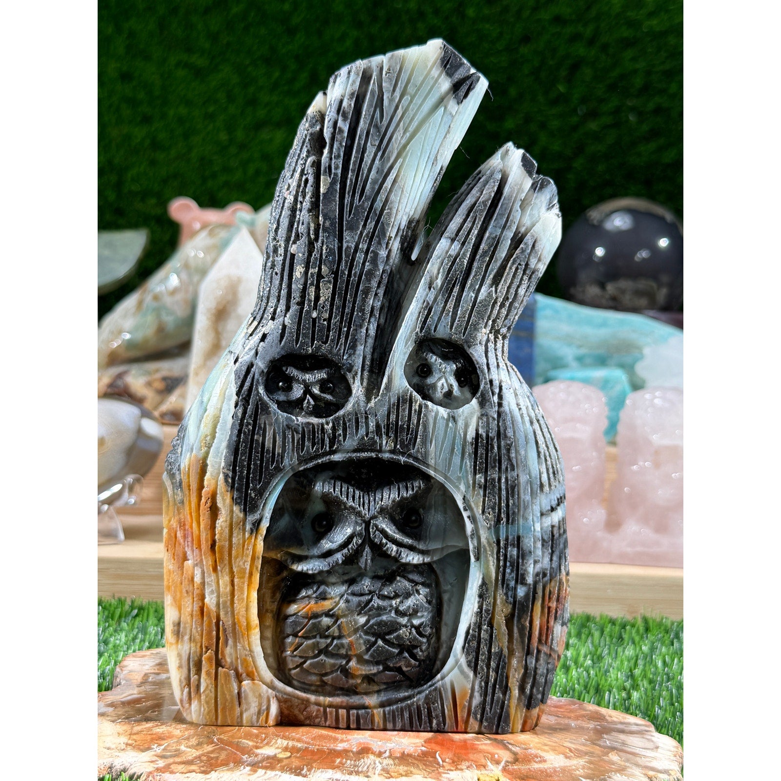 Caribbean Calcite Owl Family | 2 lb 14.5oz | Statement Crystal Carving