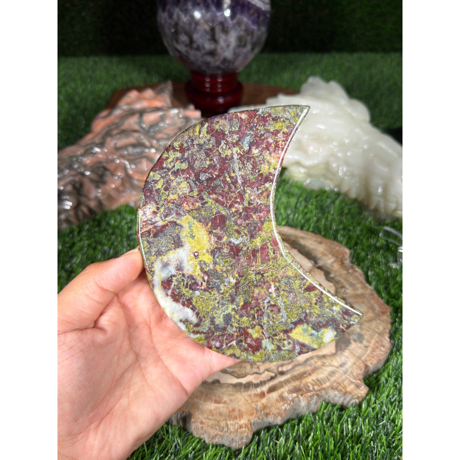 Dragon Blood Jasper Crescent Moon Crystal Carving  5.75in 1lb2.2oz