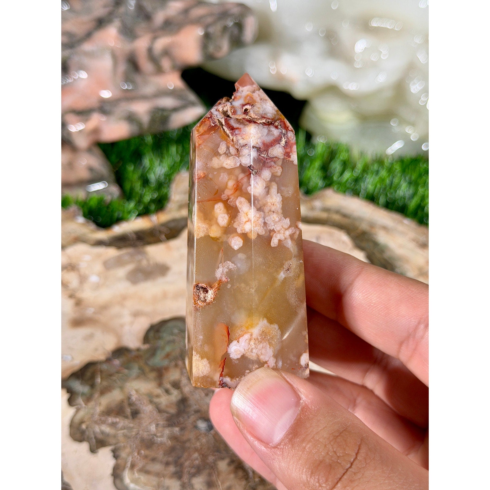 UV Reactive Flower Agate Crystal Tower 3in 4.5oz