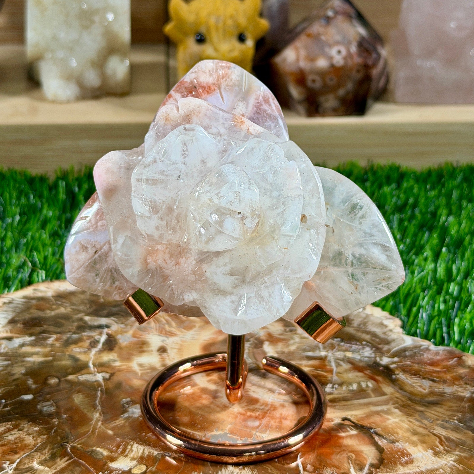 Flower Agate Flower Carving with Stand | Crystal Display Piece