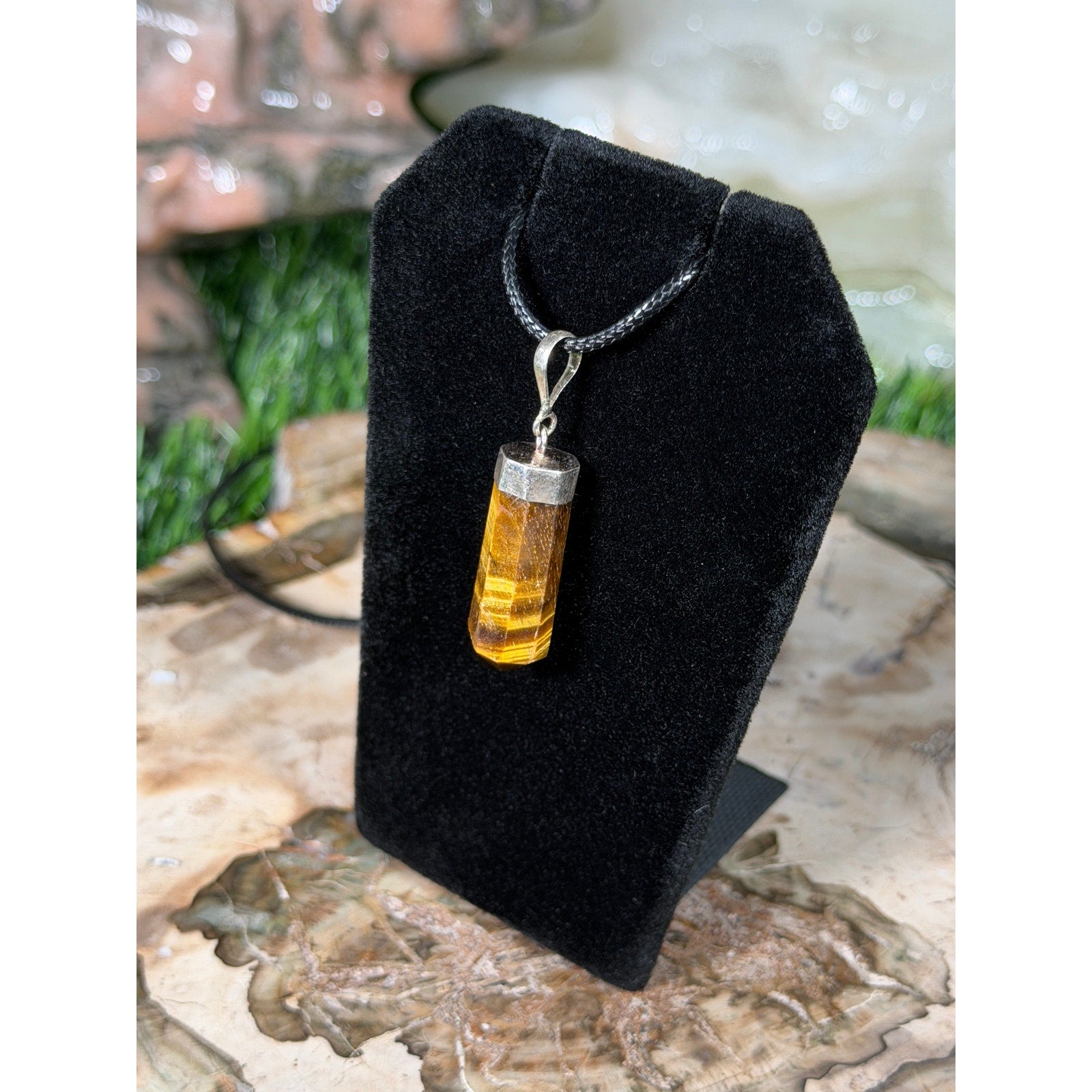 Sterling Silver Tiger's Eye Crystal Pendant w/ FREE 19in Black Cord Necklace