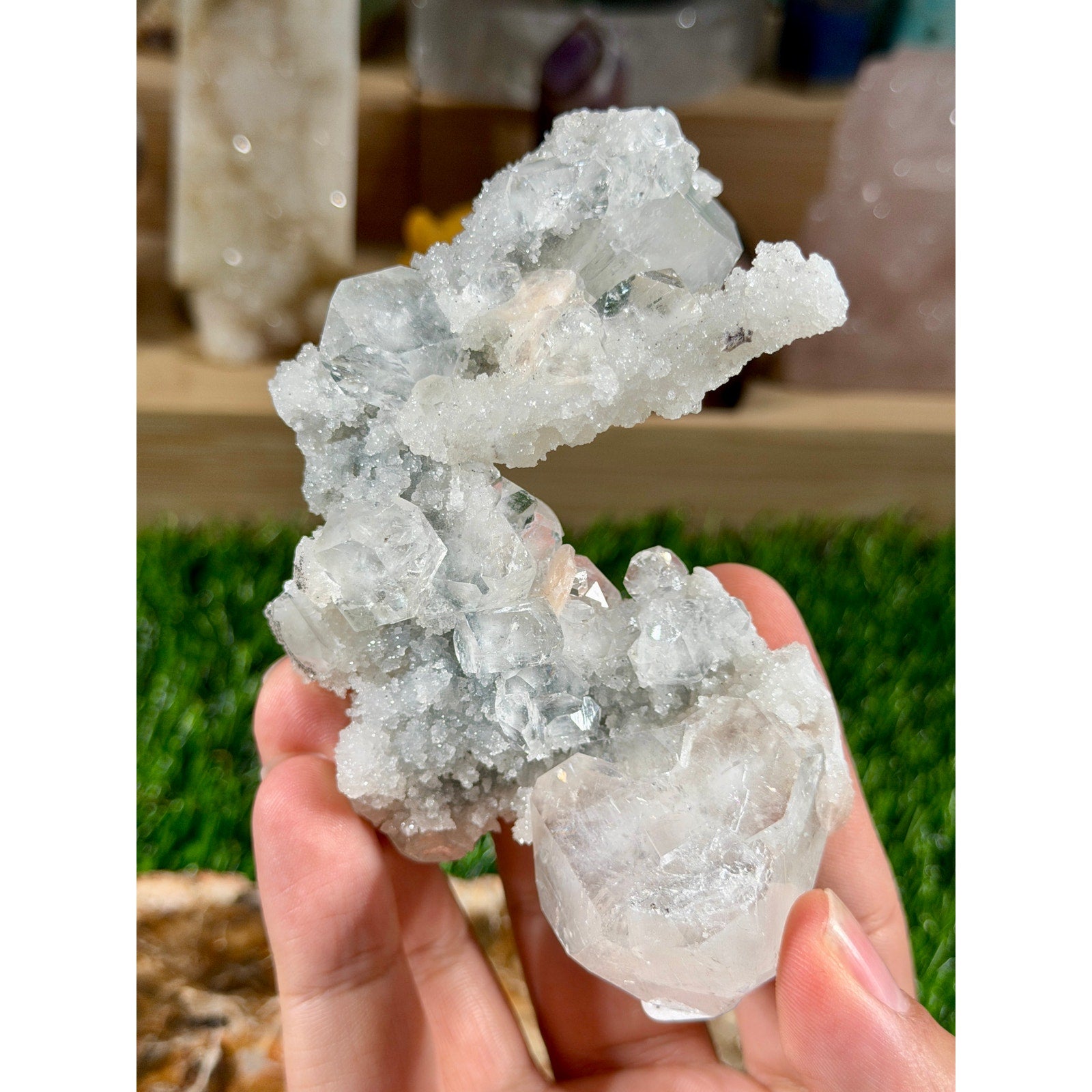 "Ice Frost" Apophyllite on White Chalcedony Stalactites  6.4 oz (181g)